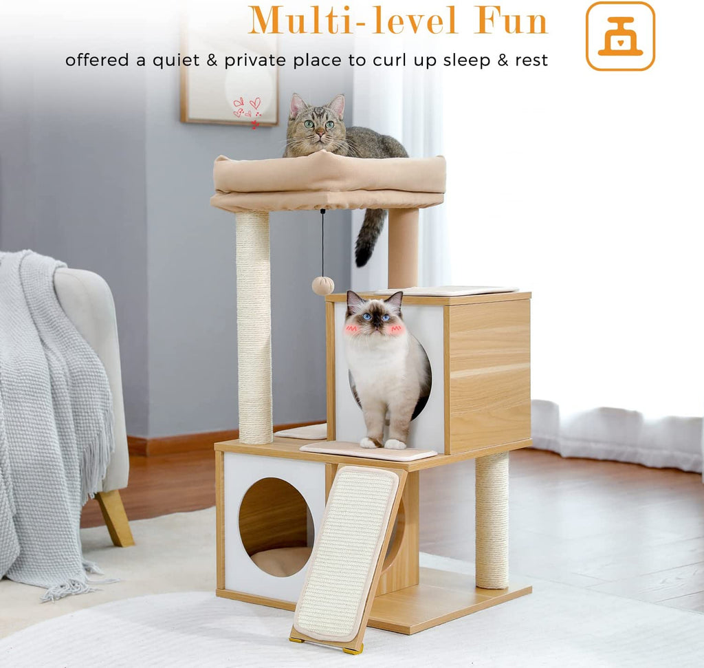 35" Modern Cat Tower Dual Condos, Wooden Cat Tree Large Cats | Modern Cat Tree with Sleek Wood, Large Scratcher Ramp and Sisal Posts for Indoor Cats,Heavy Duty Base for Large Cats