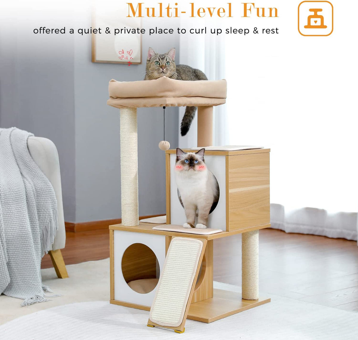 35" Modern Cat Tower Dual Condos, Wooden Cat Tree Large Cats | Modern Cat Tree with Sleek Wood, Large Scratcher Ramp and Sisal Posts for Indoor Cats,Heavy Duty Base for Large Cats