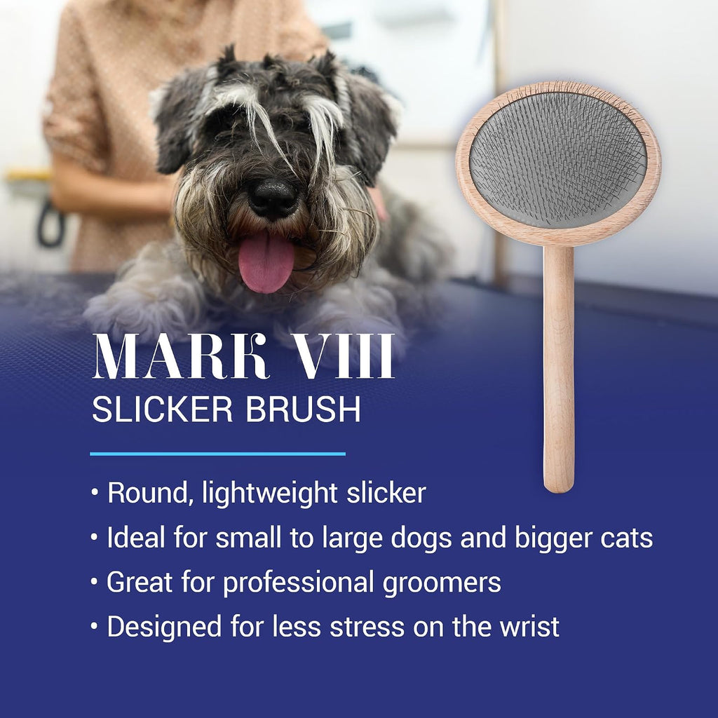 Mark VIII round Head Slicker Brush for Dogs, 12Mm Pins, Groom like a Pro, Handcrafted Lightweight Beechwood Ergonomic Handle, Stainless Steel Pins, A5VIII. Made in Germany.