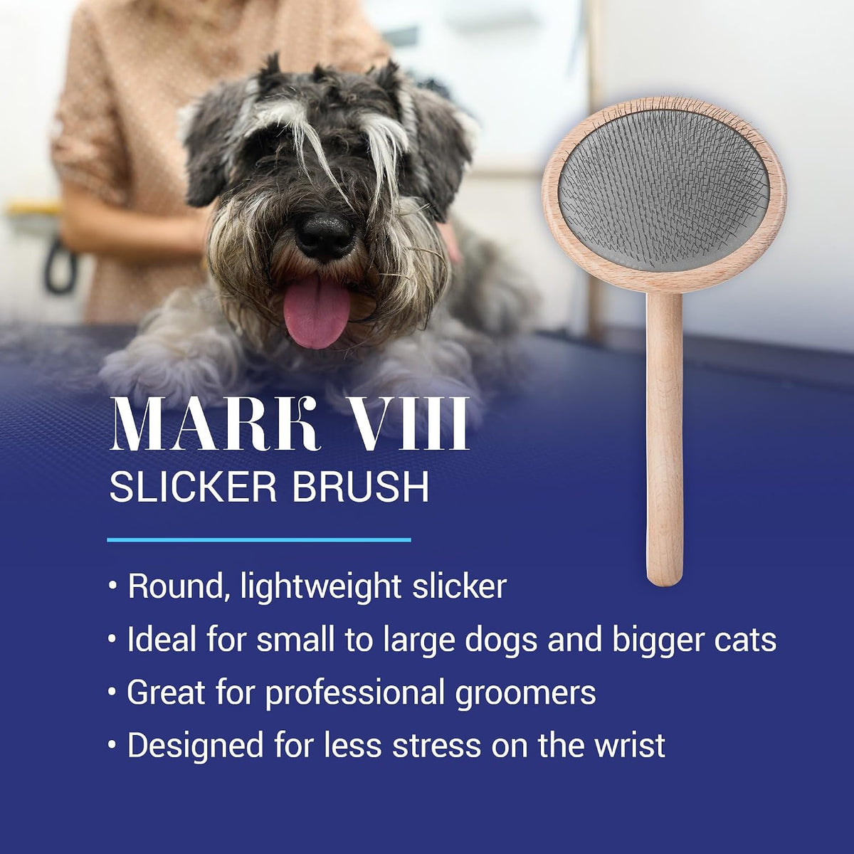 Mark VIII round Head Slicker Brush for Dogs, 12Mm Pins, Groom like a Pro, Handcrafted Lightweight Beechwood Ergonomic Handle, Stainless Steel Pins, A5VIII. Made in Germany.
