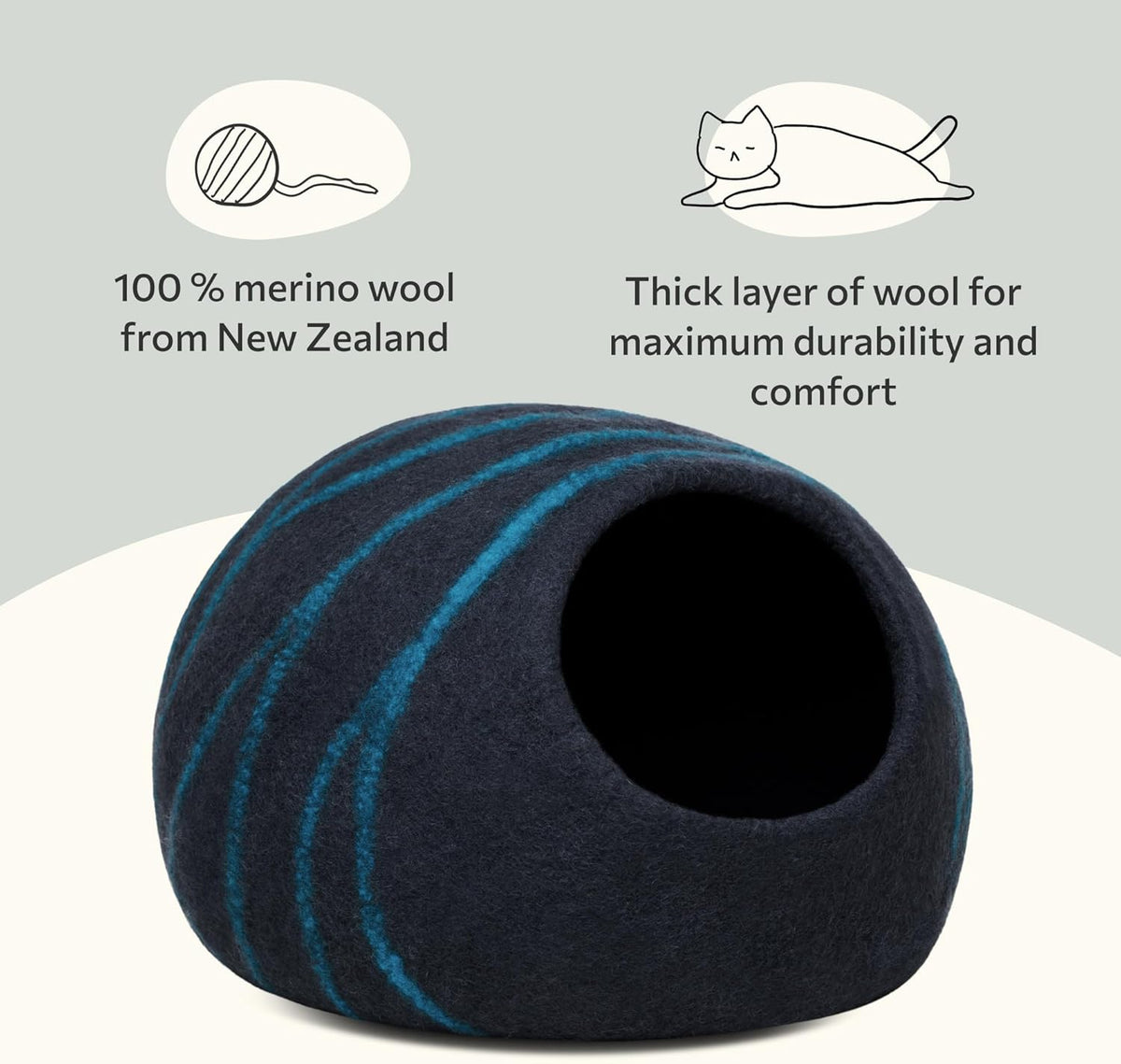 Cat Cave - Merino Wool Bed for Indoor Cats (Back Aqua, Large) | Cat Bed Enclosure, Premium Felt, Handmade, Super Soft, Lightweight, Breathable, Adjustable Shape