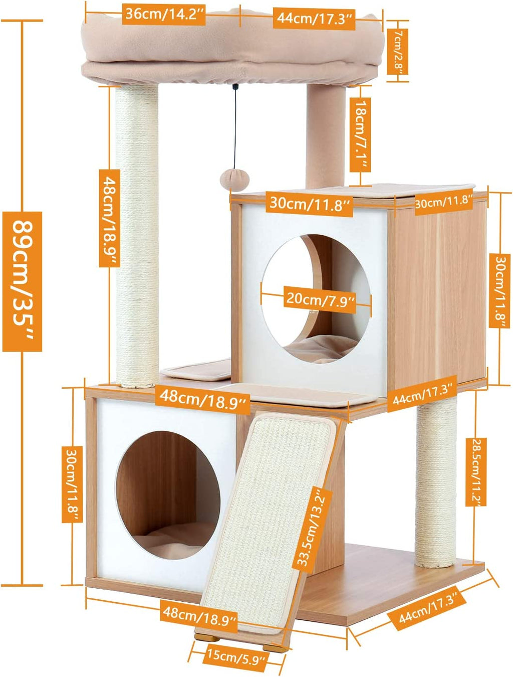 35" Modern Cat Tower Dual Condos, Wooden Cat Tree Large Cats | Modern Cat Tree with Sleek Wood, Large Scratcher Ramp and Sisal Posts for Indoor Cats,Heavy Duty Base for Large Cats