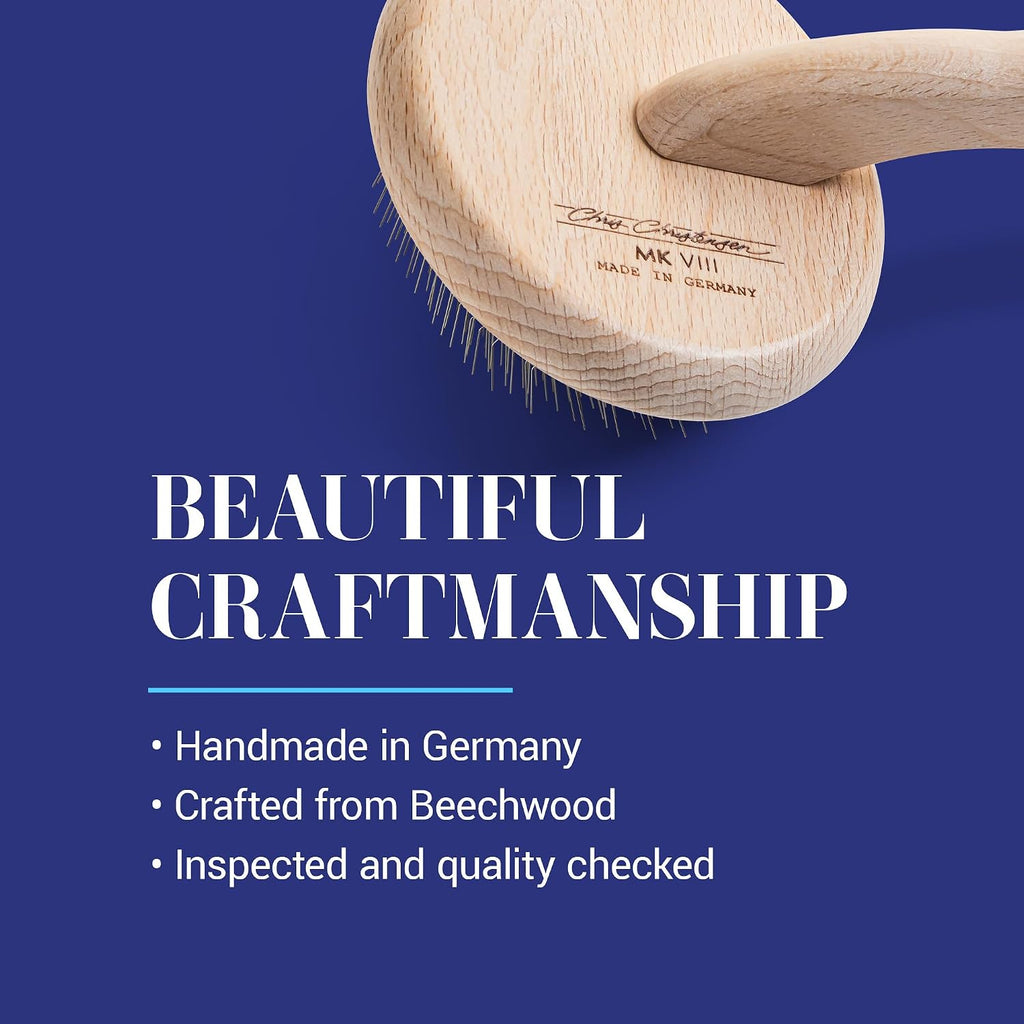Mark VIII round Head Slicker Brush for Dogs, 12Mm Pins, Groom like a Pro, Handcrafted Lightweight Beechwood Ergonomic Handle, Stainless Steel Pins, A5VIII. Made in Germany.