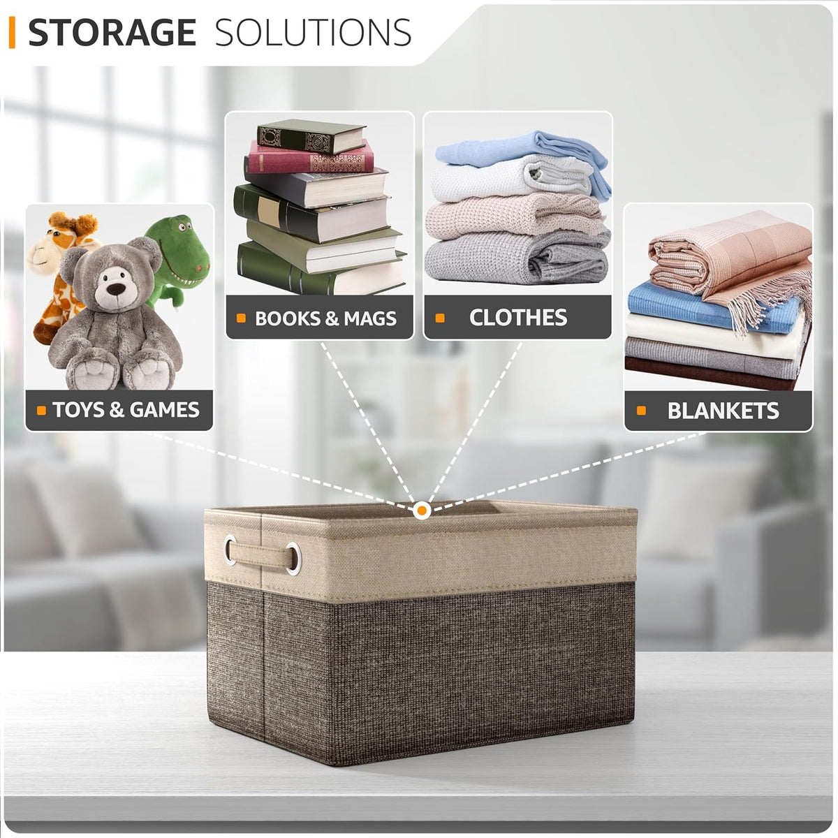Storage Baskets for Shelves, Foldable Organizer (3 Pack, Brown) | Big 15-Inch Cubby Bins with Sturdy Collapsible Construction and Dual Handles for Decorative Organization at Home or Office.