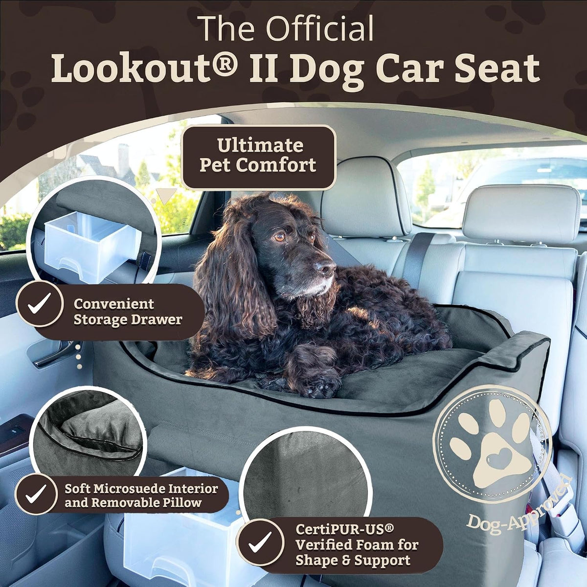 Dog Car Seat for Dogs up to 34Lbs, Lookout II, Anthracite (L) | Dog Booster Car Seat, Helps Alleviate Travel Sickness & Fear, Storage Tray, Removable Washable Cover, Great for 2 Small Pets