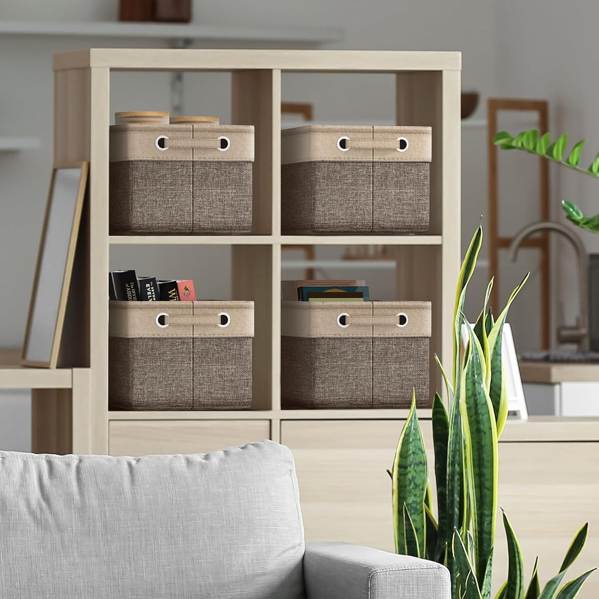 Storage Baskets for Shelves, Foldable Organizer (3 Pack, Brown) | Big 15-Inch Cubby Bins with Sturdy Collapsible Construction and Dual Handles for Decorative Organization at Home or Office.