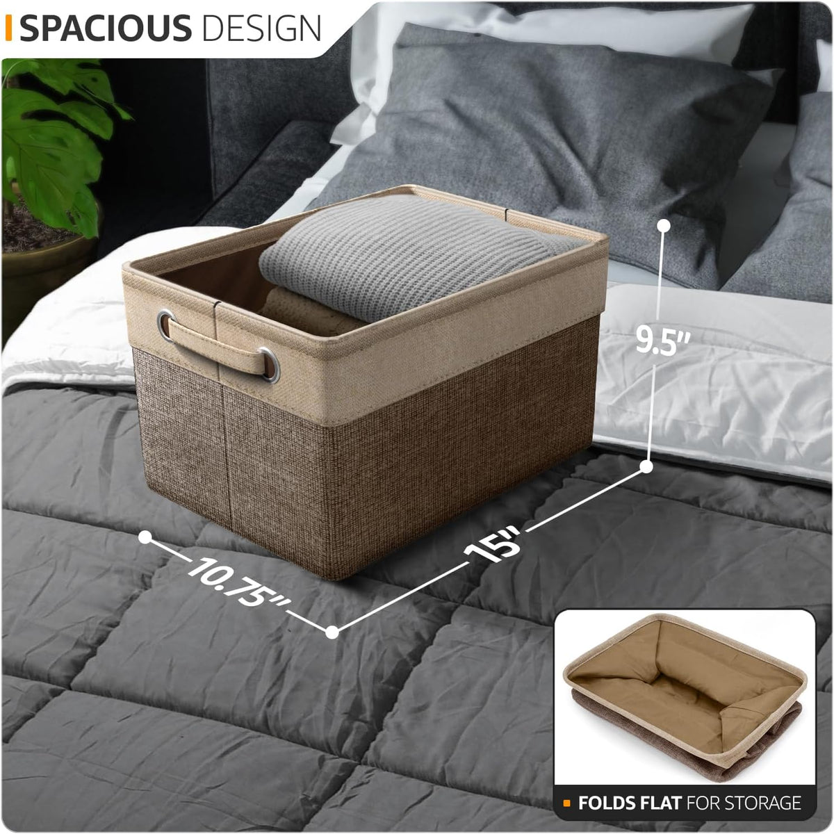 Storage Baskets for Shelves, Foldable Organizer (3 Pack, Brown) | Big 15-Inch Cubby Bins with Sturdy Collapsible Construction and Dual Handles for Decorative Organization at Home or Office.