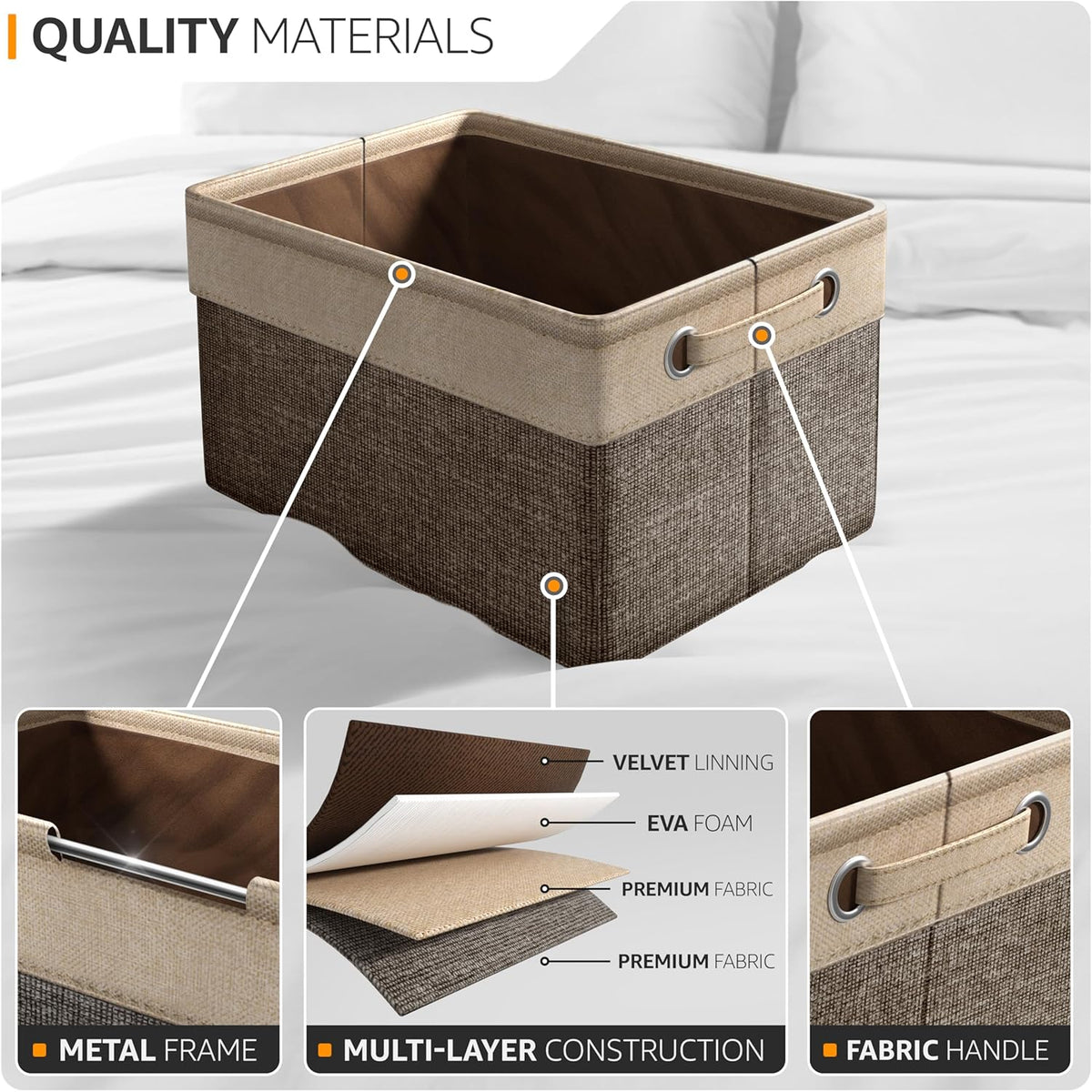 Storage Baskets for Shelves, Foldable Organizer (3 Pack, Brown) | Big 15-Inch Cubby Bins with Sturdy Collapsible Construction and Dual Handles for Decorative Organization at Home or Office.
