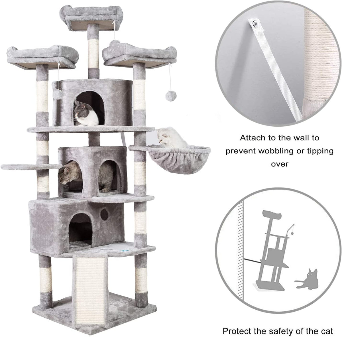 Cat Tree Tower with Multi-Level Large Condo, Platform, MPJ032W | 73.4 Inch Cat Tower with 3 Caves, 3 Cozy Perches, Scratching Posts, Board, Activity Center Stable for Indoor Cats, Light Gray