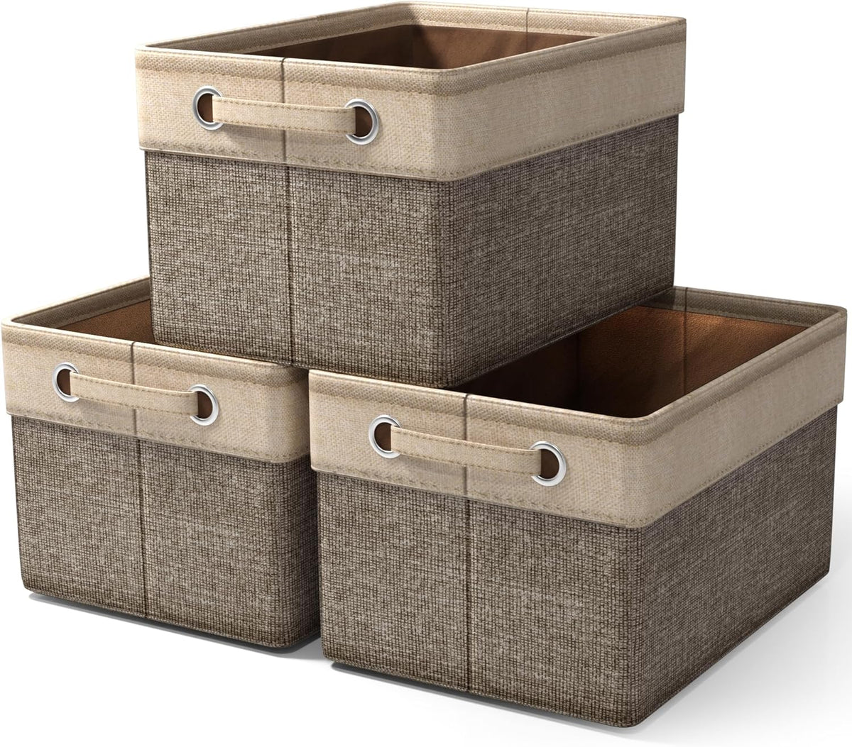 Storage Baskets for Shelves, Foldable Organizer (3 Pack, Brown) | Big 15-Inch Cubby Bins with Sturdy Collapsible Construction and Dual Handles for Decorative Organization at Home or Office.